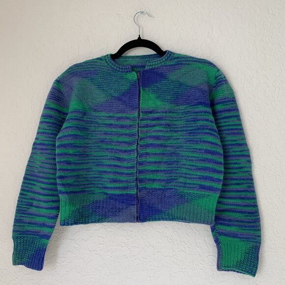 Y2K Retro Cropped Cardigan Sweater Women S* Green Blue Stripe Zip Funky Eclectic - Picture 1 of 7